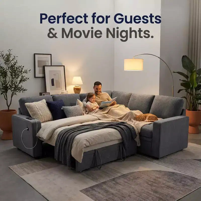 Canapé-lit modulaire 5 places Dyonery, en L, avec fonction relaxation, rangement, ports USB et tissu chenille, pour petits espaces
