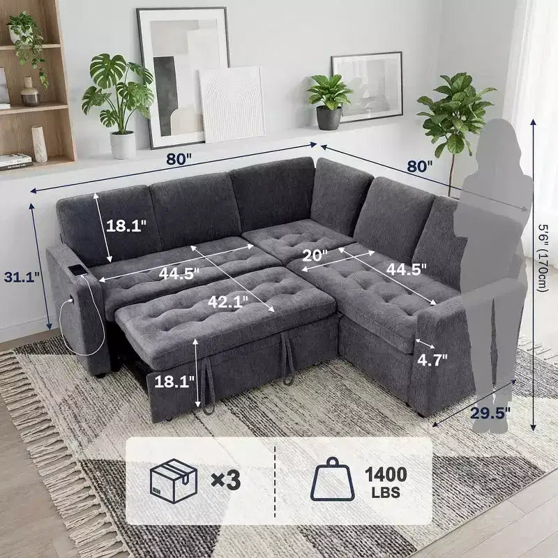 Canapé-lit modulaire 5 places Dyonery, en L, avec fonction relaxation, rangement, ports USB et tissu chenille, pour petits espaces