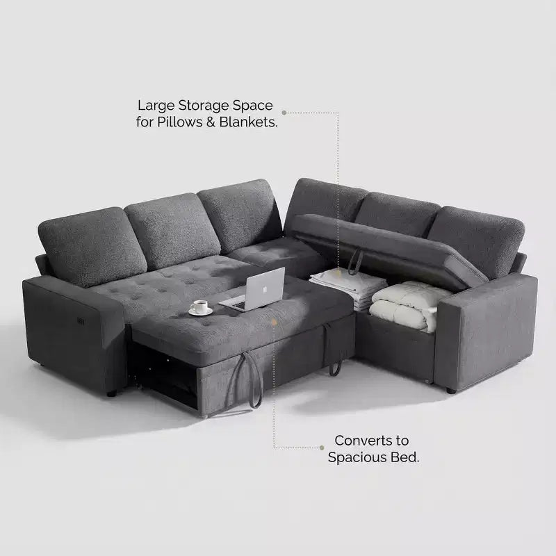 Canapé-lit modulaire 5 places Dyonery, en L, avec fonction relaxation, rangement, ports USB et tissu chenille, pour petits espaces