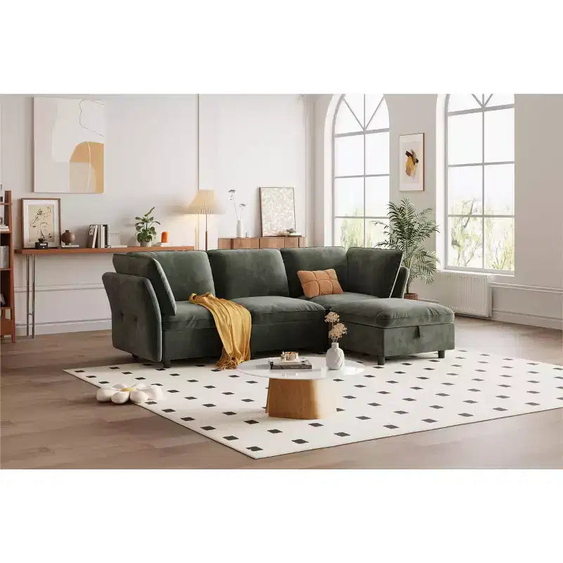 Sofa, Modular Mid-Seat Chair with Ottoman without Armrests  Velvet Deep Seat Decorative Pillows