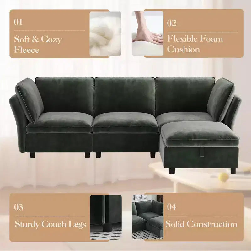 Canapé, chaise modulaire d'angle avec pouf sans accoudoirs Velours Coussins décoratifs à assise profonde