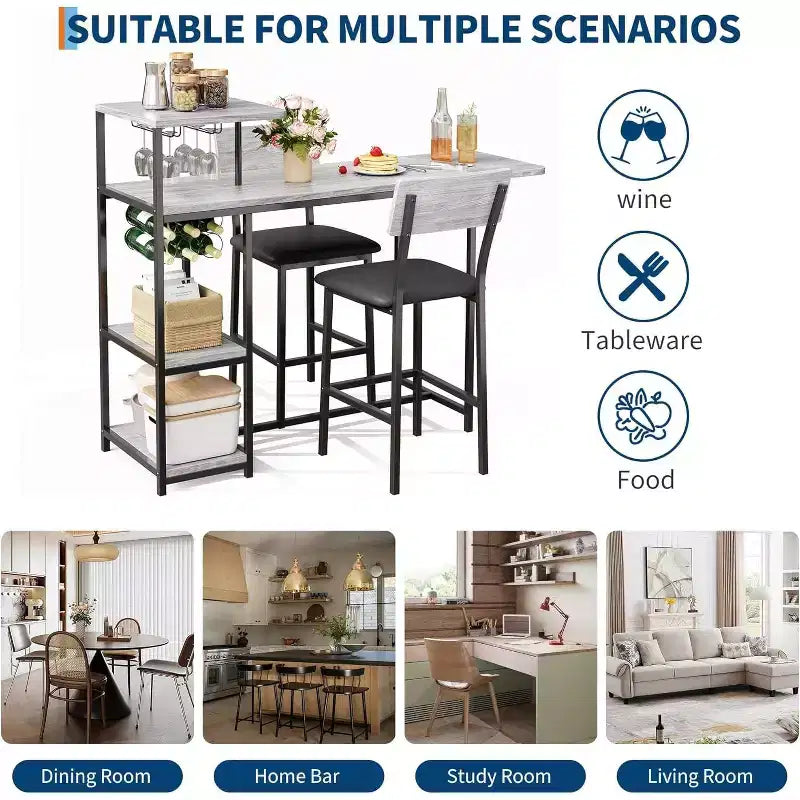 Ensemble table à manger Acekool extensible pour 2 personnes avec étagères de rangement et porte-bouteilles, table de bar et chaises 3 pièces compactes
