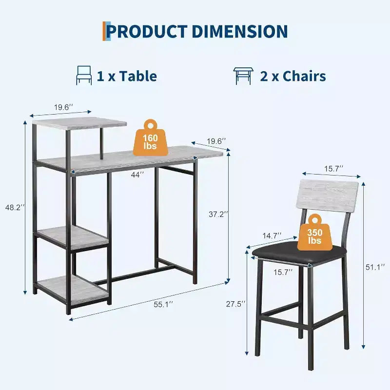 Ensemble table à manger Acekool extensible pour 2 personnes avec étagères de rangement et porte-bouteilles, table de bar et chaises 3 pièces compactes
