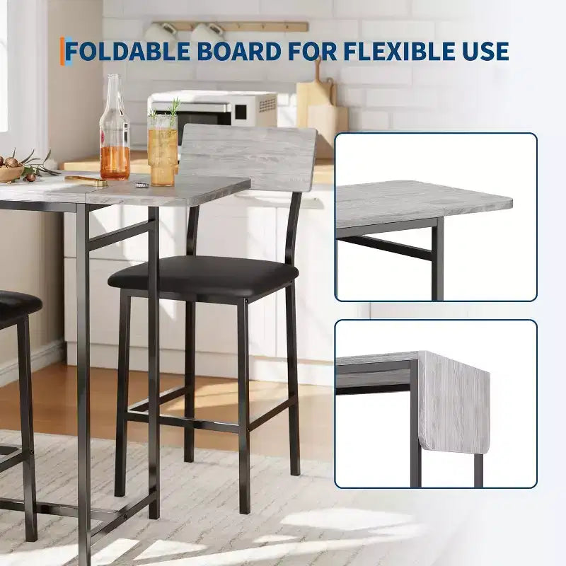 Ensemble table à manger Acekool extensible pour 2 personnes avec étagères de rangement et porte-bouteilles, table de bar et chaises 3 pièces compactes