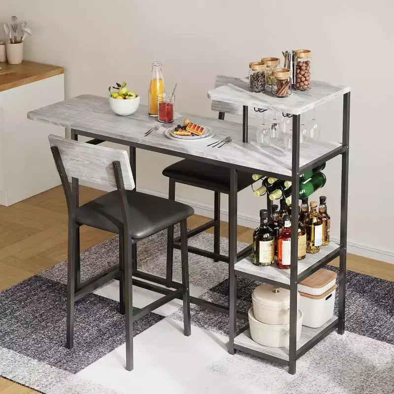 Ensemble table à manger Acekool extensible pour 2 personnes avec étagères de rangement et porte-bouteilles, table de bar et chaises 3 pièces compactes