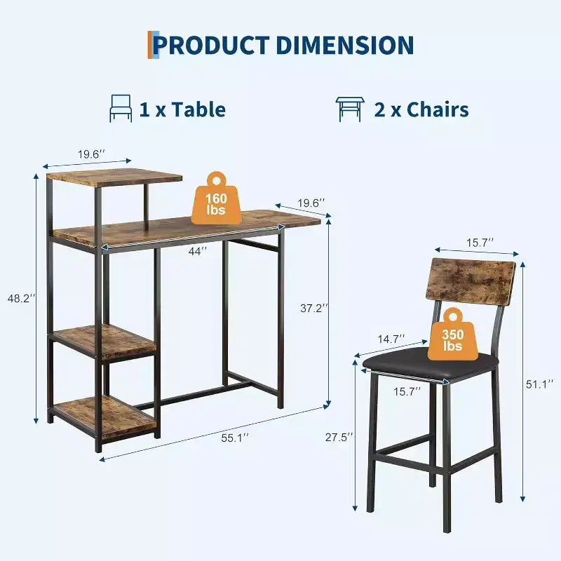 Ensemble table à manger Acekool extensible pour 2 personnes avec étagères de rangement et porte-bouteilles, table de bar et chaises 3 pièces compactes