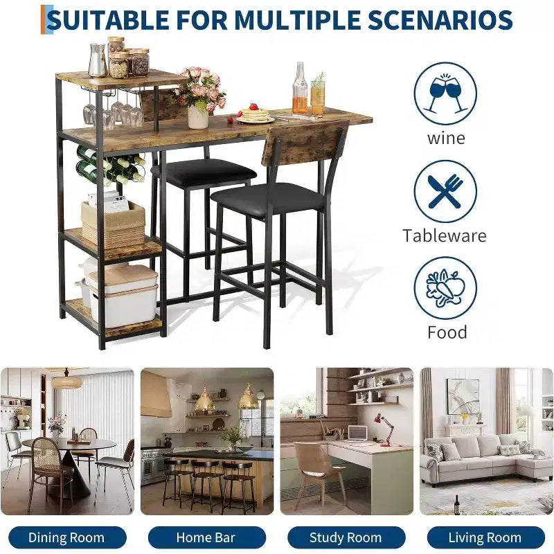 Ensemble table à manger Acekool extensible pour 2 personnes avec étagères de rangement et porte-bouteilles, table de bar et chaises 3 pièces compactes