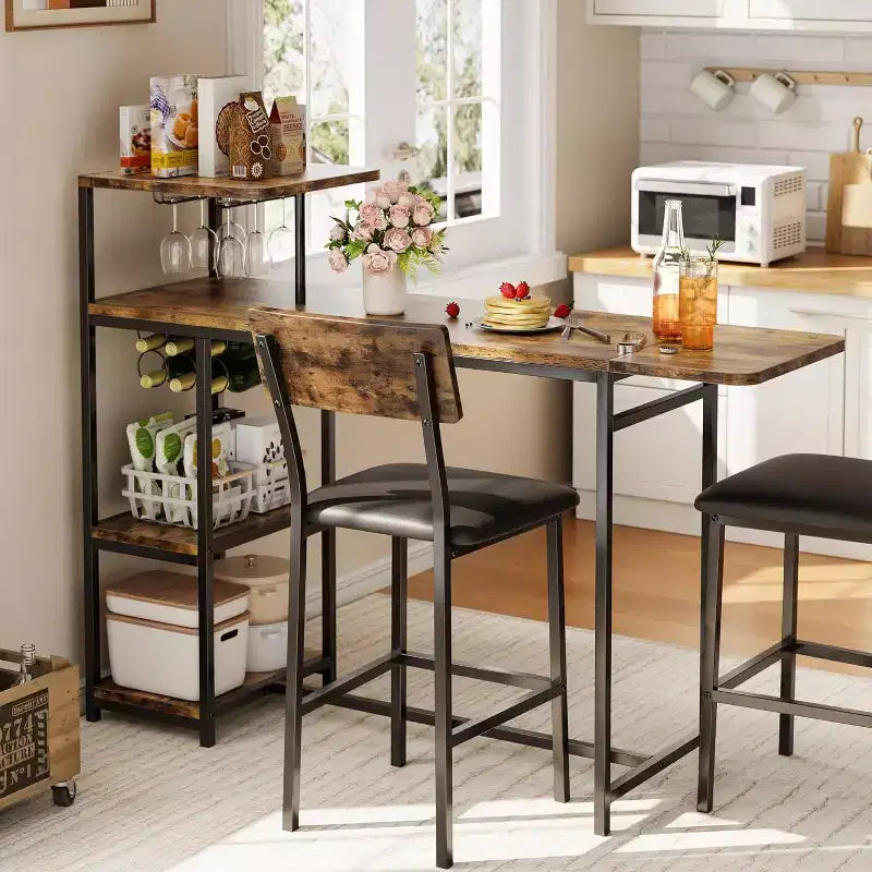 Ensemble table à manger Acekool extensible pour 2 personnes avec étagères de rangement et porte-bouteilles, table de bar et chaises 3 pièces compactes
