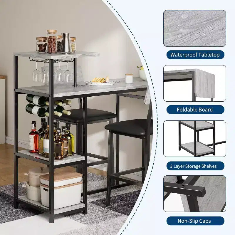 Ensemble table à manger Acekool extensible pour 2 personnes avec étagères de rangement et porte-bouteilles, table de bar et chaises 3 pièces compactes