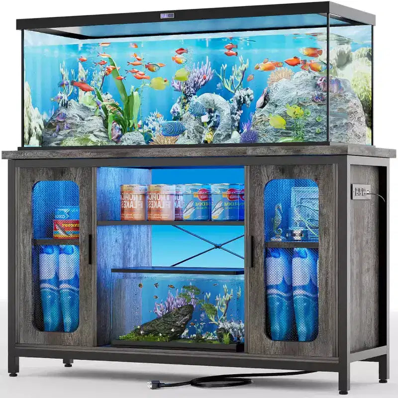 Table console Besiost avec station de recharge, support d'aquarium de 55-75 gallons avec armoire de rangement