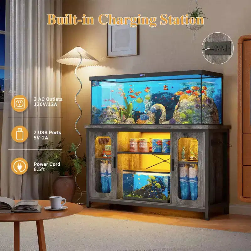 Table console Besiost avec station de recharge, support d'aquarium de 55-75 gallons avec armoire de rangement