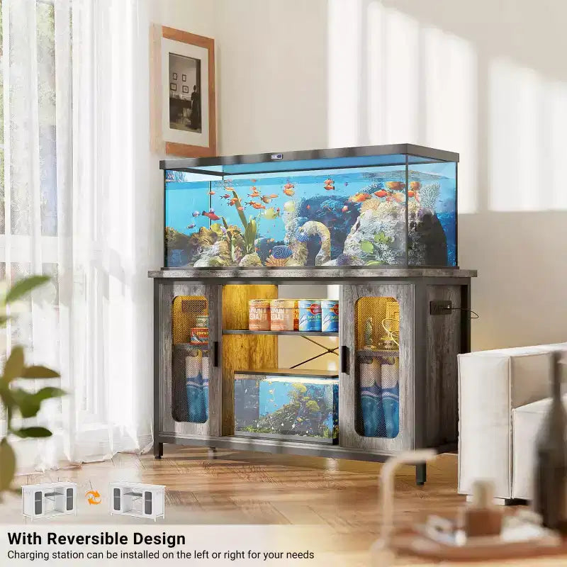 Table console Besiost avec station de recharge, support d'aquarium de 55-75 gallons avec armoire de rangement