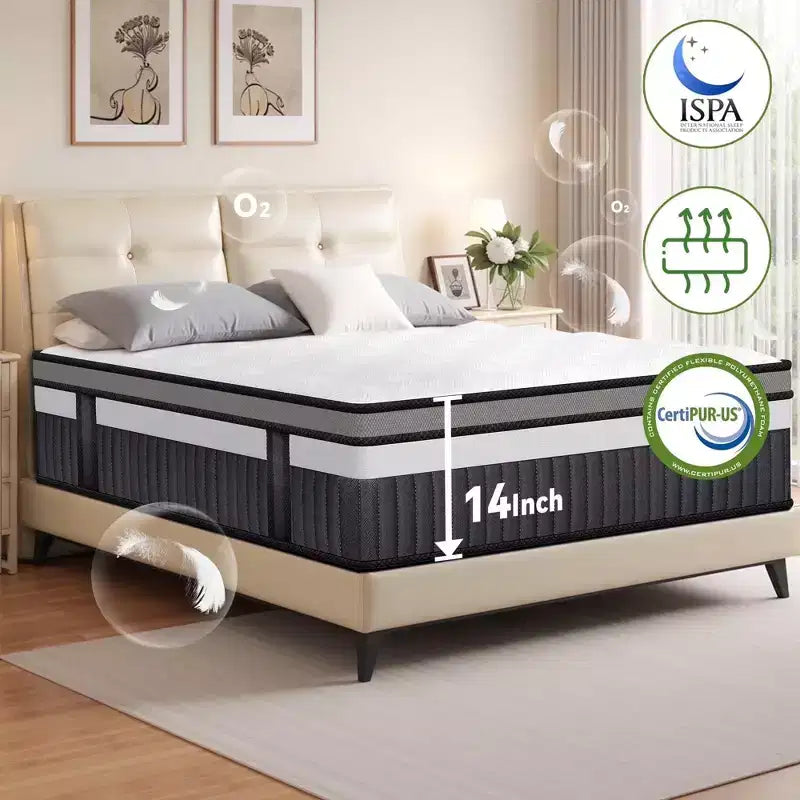King Mattress 14 inch Hybrid Mattress, Cooling Memory Foam Mattress in a Box with Individually Pocket Springs, CertiPUR-US Certified, Medium Firm