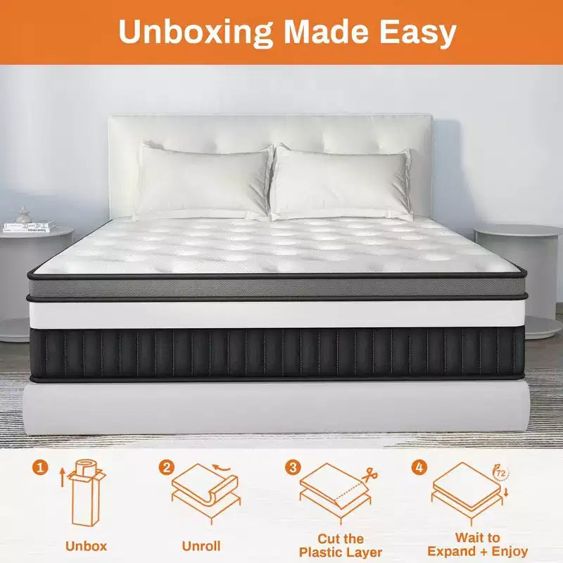 Matelas King hybride 14 pouces, matelas en mousse à mémoire de forme rafraîchissant en boîte avec ressorts ensachés individuellement, certifié CertiPUR-US, fermeté moyenne