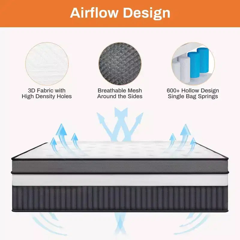 Matelas King hybride 14 pouces, matelas en mousse à mémoire de forme rafraîchissant en boîte avec ressorts ensachés individuellement, certifié CertiPUR-US, fermeté moyenne