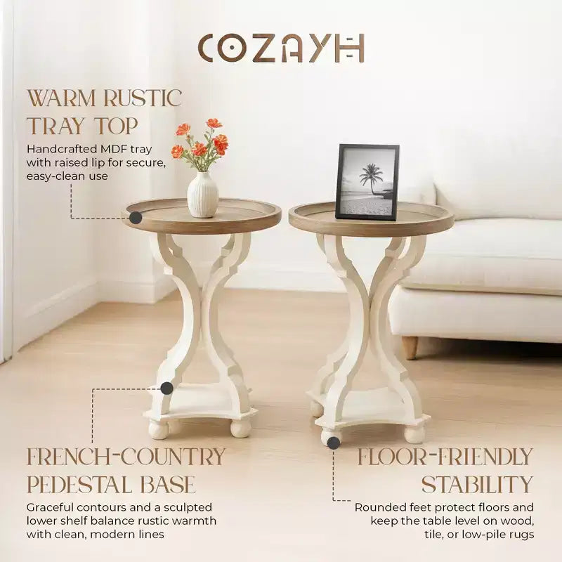 COZAYH Table de chevet d'appoint ronde en bois rustique avec plateau de service, blanche, lot de 2