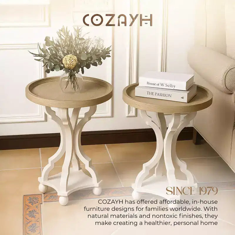COZAYH Table de chevet d'appoint ronde en bois rustique avec plateau de service, blanche, lot de 2