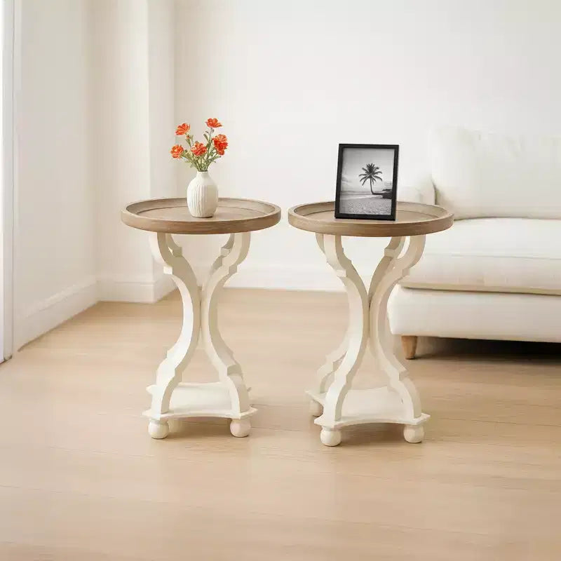 COZAYH Table de chevet d'appoint ronde en bois rustique avec plateau de service, blanche, lot de 2