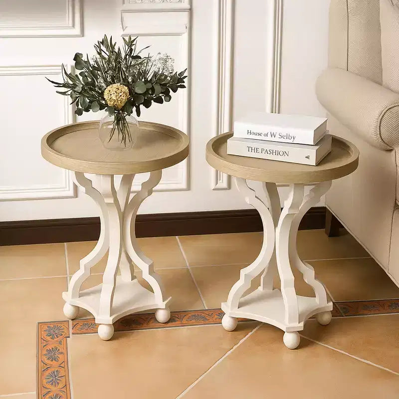 COZAYH Table de chevet d'appoint ronde en bois rustique avec plateau de service, blanche, lot de 2