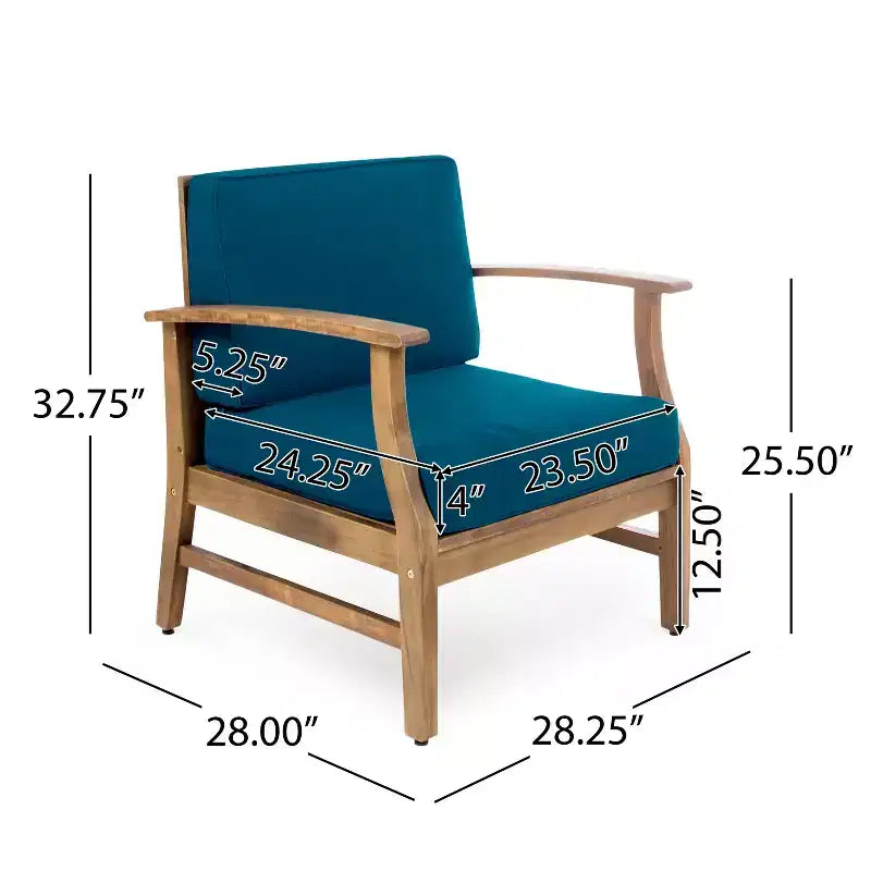 TUYOHW Ensemble de 1 fauteuil d'appoint rustique pour patio, fauteuils club rembourrés, siège de conversation extérieur en acacia pour véranda, jardin et arrière-cour, capacité de 180 kg