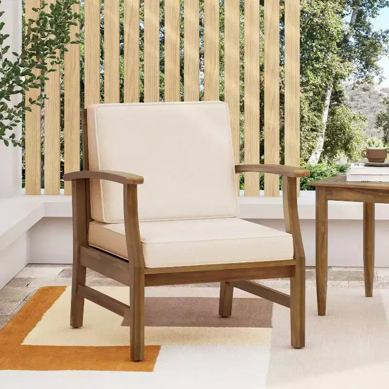 TUYOHW Ensemble de 1 fauteuil d'appoint rustique pour patio, fauteuils club rembourrés, siège de conversation extérieur en acacia pour véranda, jardin et arrière-cour, capacité de 180 kg