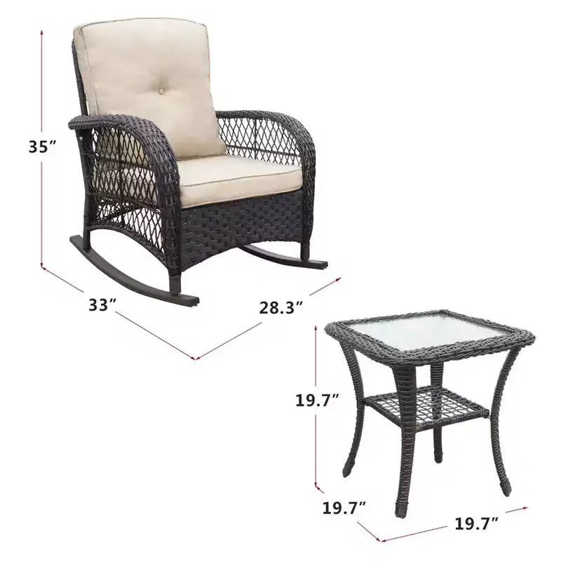TUYOHW Fauteuil à bascule d'appoint pour terrasse, fauteuil inclinable en rotin, chaise longue en métal thermolaqué pour porche, jardin et arrière-cour, capacité de 158 kg, 2 chaises + 1 table