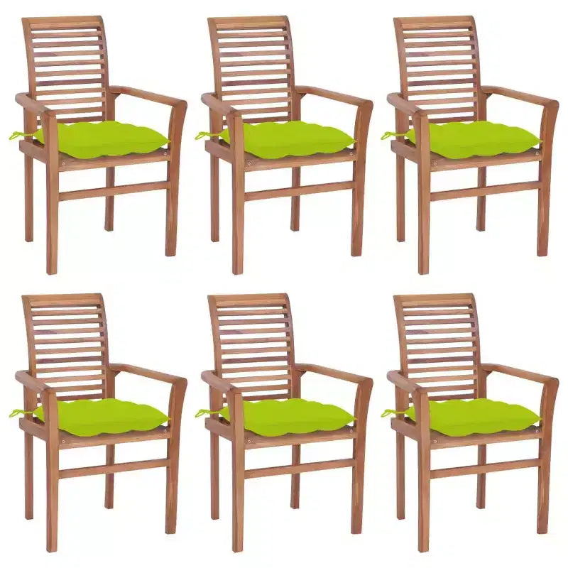 vidaXL 6 chaises de salle à manger en teck avec coussins vert vif, empilables pour un rangement peu encombrant, résistantes aux intempéries