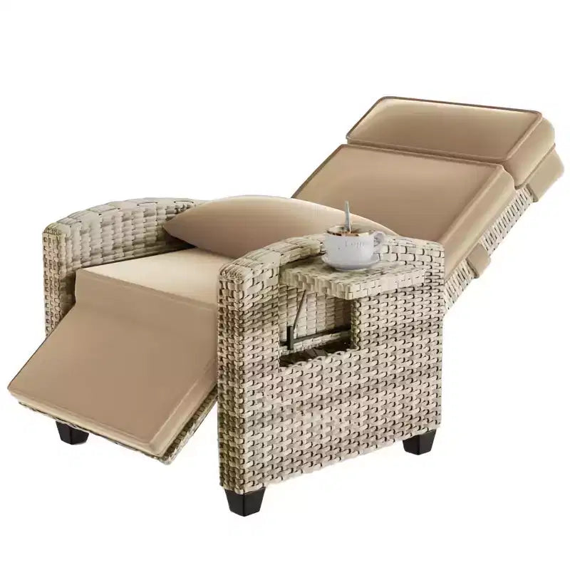 Chaise longue d'extérieur avec dossier réglable, table relevable et coussin amovible – Chaise longue en osier tout temps pour terrasse, piscine, véranda