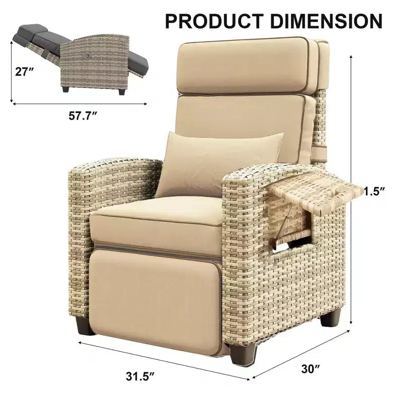 Chaise longue d'extérieur avec dossier réglable, table relevable et coussin amovible – Chaise longue en osier tout temps pour terrasse, piscine, véranda