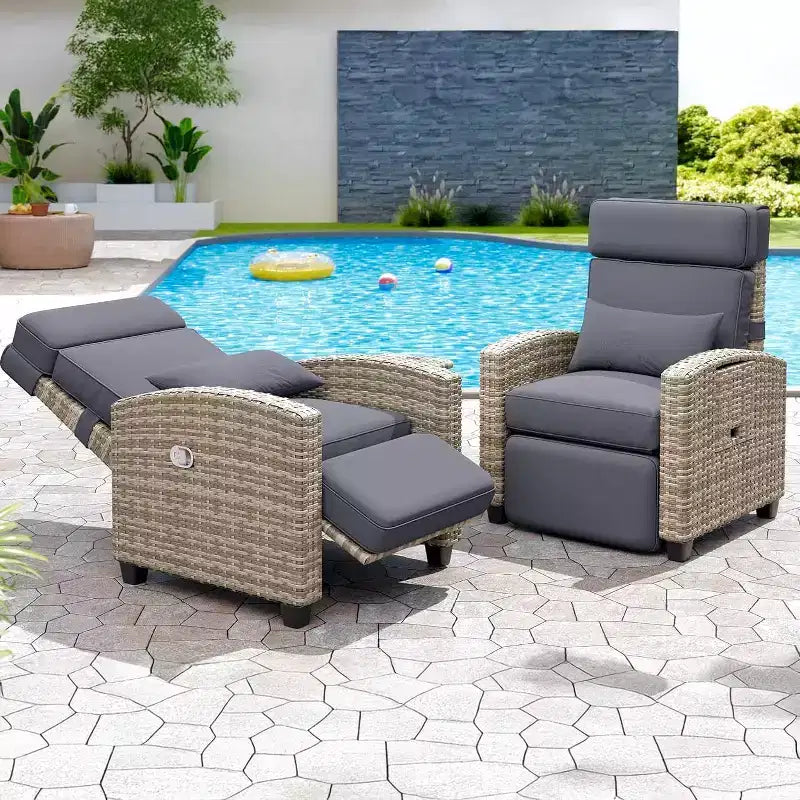Chaise longue d'extérieur avec dossier réglable, table relevable et coussin amovible – Chaise longue en osier tout temps pour terrasse, piscine, véranda
