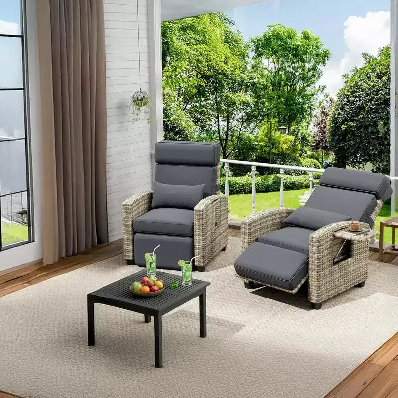 Chaise longue d'extérieur avec dossier réglable, table relevable et coussin amovible – Chaise longue en osier tout temps pour terrasse, piscine, véranda