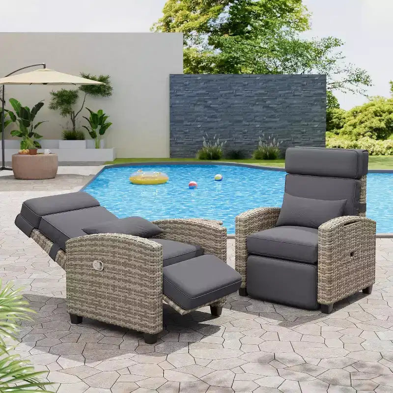 Chaise longue d'extérieur avec dossier réglable, table relevable et coussin amovible – Chaise longue en osier tout temps pour terrasse, piscine, véranda