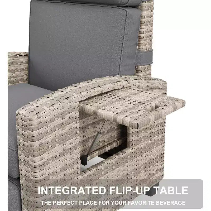 Chaise longue d'extérieur avec dossier réglable, table relevable et coussin amovible – Chaise longue en osier tout temps pour terrasse, piscine, véranda