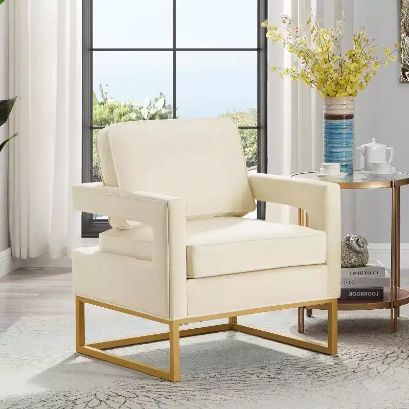 Chaise de salon confortable, Canapé en velours avec accoudoirs ouverts, Base en métal, Mousse haute densité, Chaise rembourrée moderne