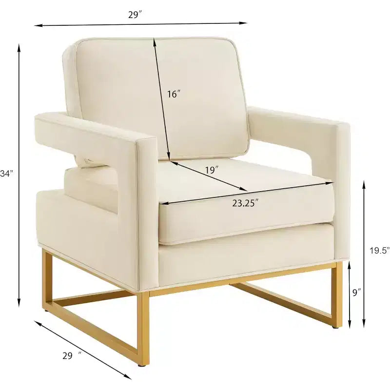 Chaise de salon confortable, Canapé en velours avec accoudoirs ouverts, Base en métal, Mousse haute densité, Chaise rembourrée moderne