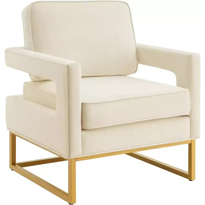 Chaise de salon confortable, Canapé en velours avec accoudoirs ouverts, Base en métal, Mousse haute densité, Chaise rembourrée moderne