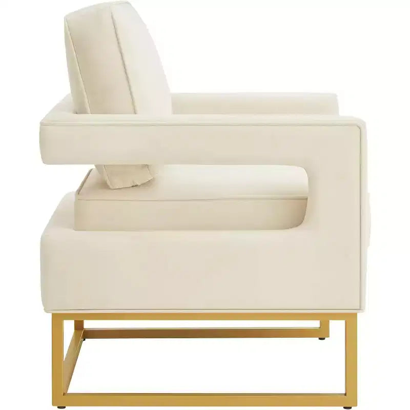 Chaise de salon confortable, Canapé en velours avec accoudoirs ouverts, Base en métal, Mousse haute densité, Chaise rembourrée moderne