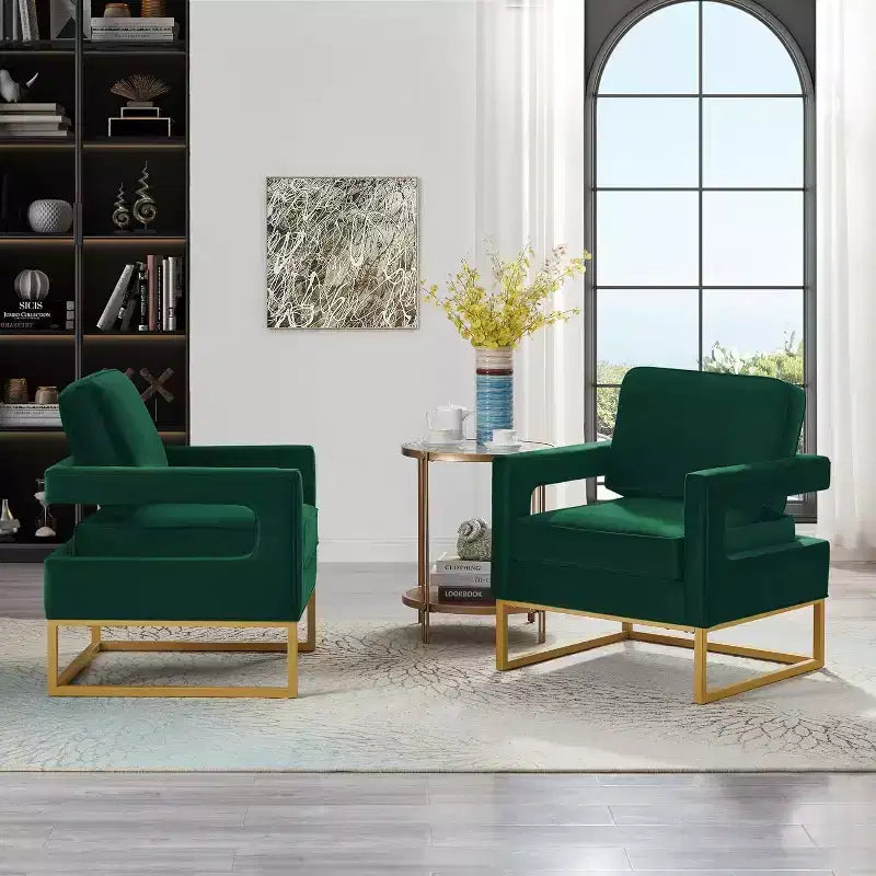 Chaise de salon confortable, Canapé en velours avec accoudoirs ouverts, Base en métal, Mousse haute densité, Chaise rembourrée moderne