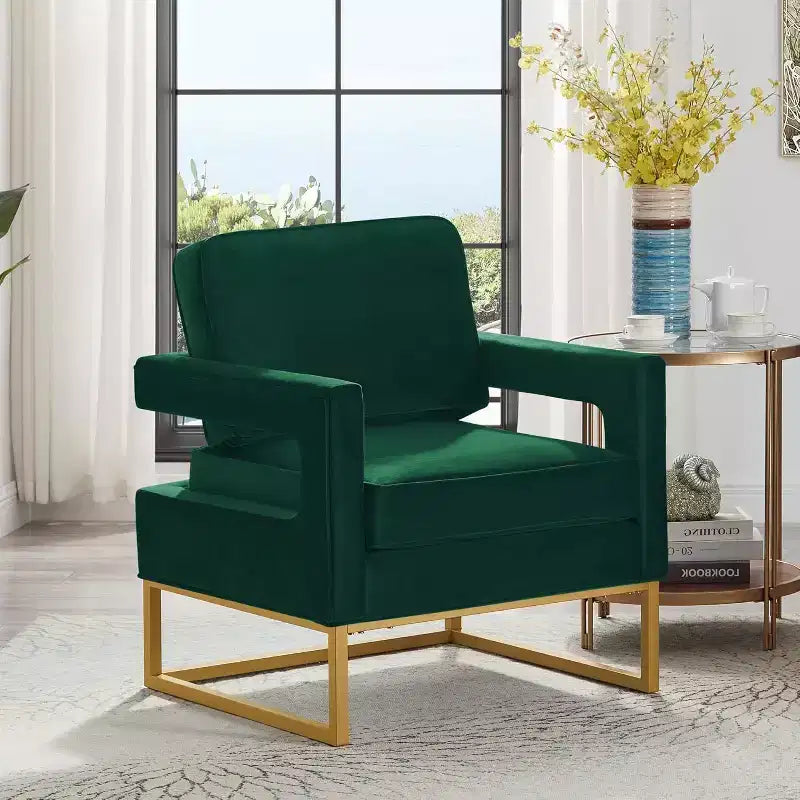 Chaise de salon confortable, Canapé en velours avec accoudoirs ouverts, Base en métal, Mousse haute densité, Chaise rembourrée moderne
