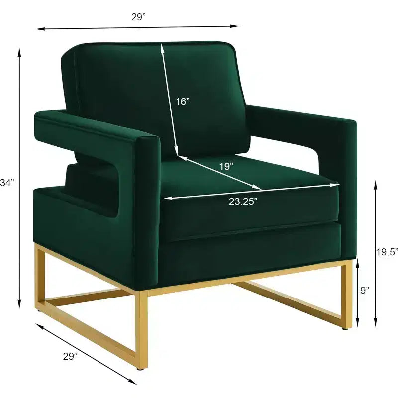 Chaise de salon confortable, Canapé en velours avec accoudoirs ouverts, Base en métal, Mousse haute densité, Chaise rembourrée moderne