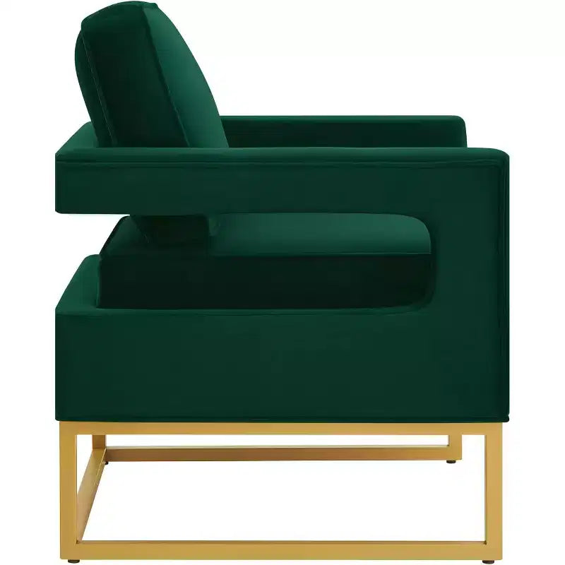 Chaise de salon confortable, Canapé en velours avec accoudoirs ouverts, Base en métal, Mousse haute densité, Chaise rembourrée moderne