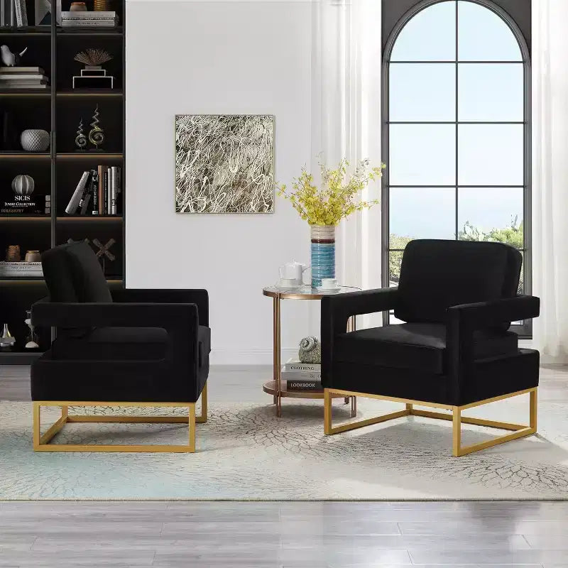 Chaise de salon confortable, Canapé en velours avec accoudoirs ouverts, Base en métal, Mousse haute densité, Chaise rembourrée moderne
