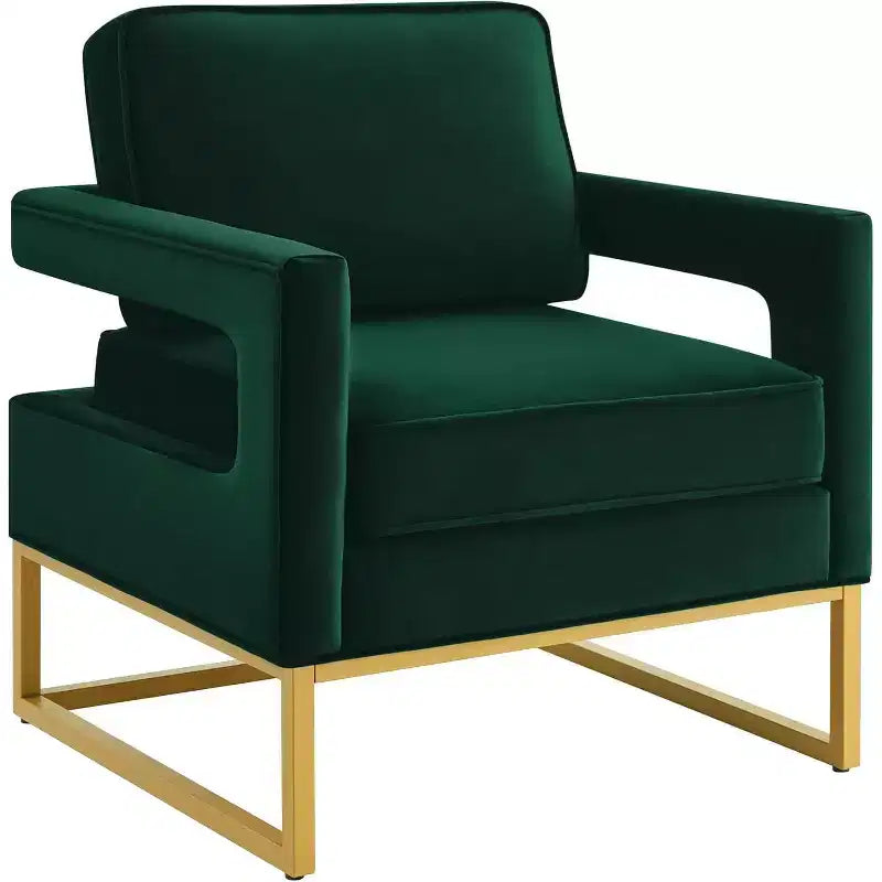 Chaise de salon confortable, Canapé en velours avec accoudoirs ouverts, Base en métal, Mousse haute densité, Chaise rembourrée moderne
