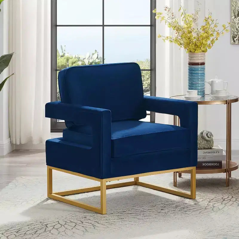 Chaise de salon confortable, Canapé en velours avec accoudoirs ouverts, Base en métal, Mousse haute densité, Chaise rembourrée moderne