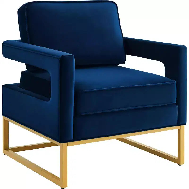 Chaise de salon confortable, Canapé en velours avec accoudoirs ouverts, Base en métal, Mousse haute densité, Chaise rembourrée moderne