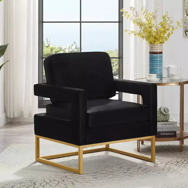 Chaise de salon confortable, Canapé en velours avec accoudoirs ouverts, Base en métal, Mousse haute densité, Chaise rembourrée moderne