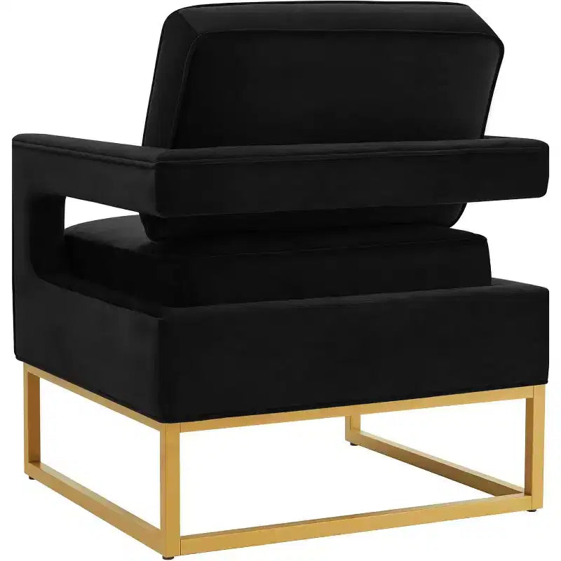 Chaise de salon confortable, Canapé en velours avec accoudoirs ouverts, Base en métal, Mousse haute densité, Chaise rembourrée moderne