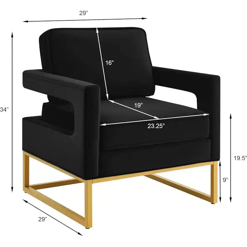 Chaise de salon confortable, Canapé en velours avec accoudoirs ouverts, Base en métal, Mousse haute densité, Chaise rembourrée moderne