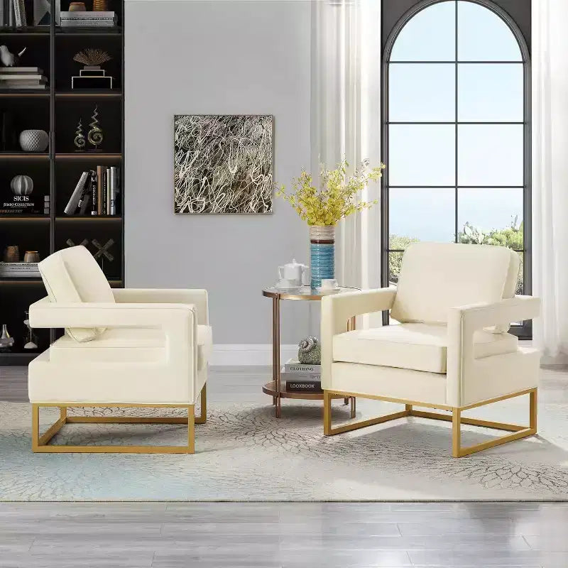 Chaise de salon confortable, Canapé en velours avec accoudoirs ouverts, Base en métal, Mousse haute densité, Chaise rembourrée moderne