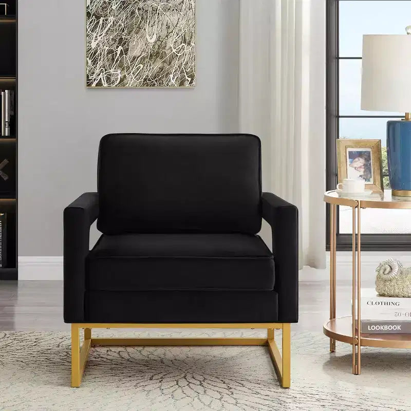 Living Room Chairs Comfortable Chair, Velvet Sofa with Open Armrests, Metal Base, High Density Foam Modern Upholstered Chair